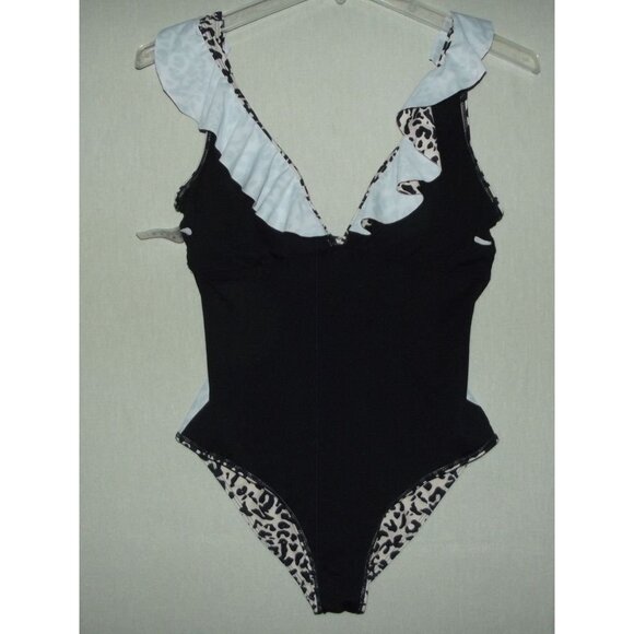 Swimsuit Size Large animal print  Black Beige One piece Swim Suit v-neck ruffle - Picture 10 of 14